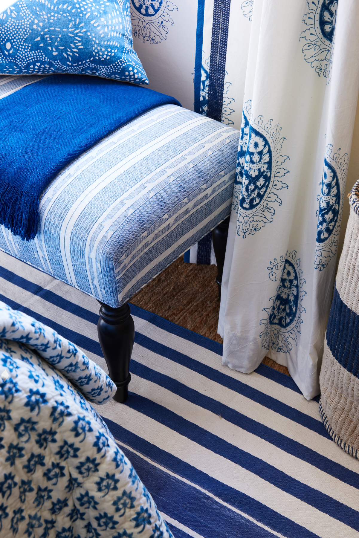 Blue and White spanish pattern drapery and chairs