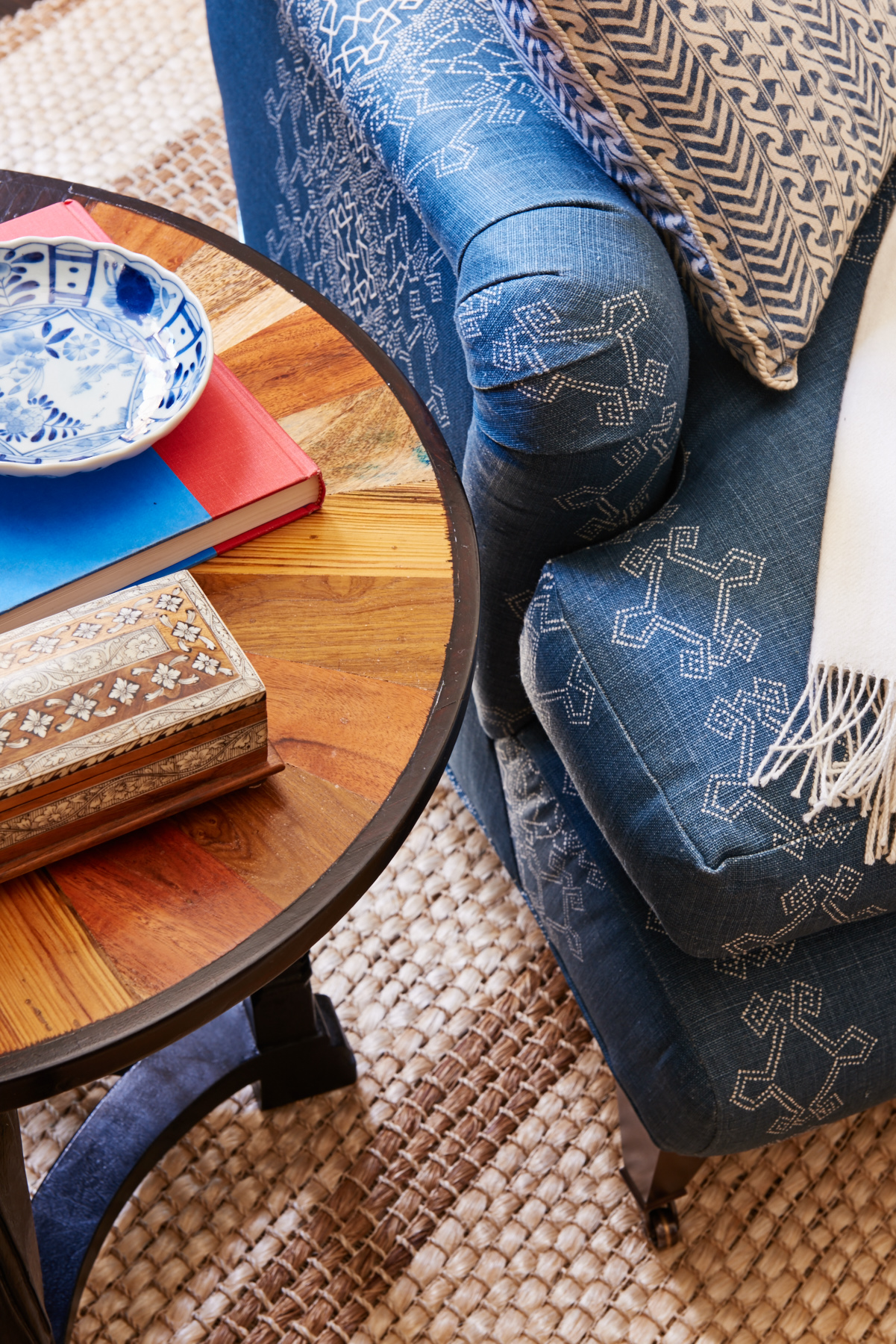 Rich blue silk upholstered armchair