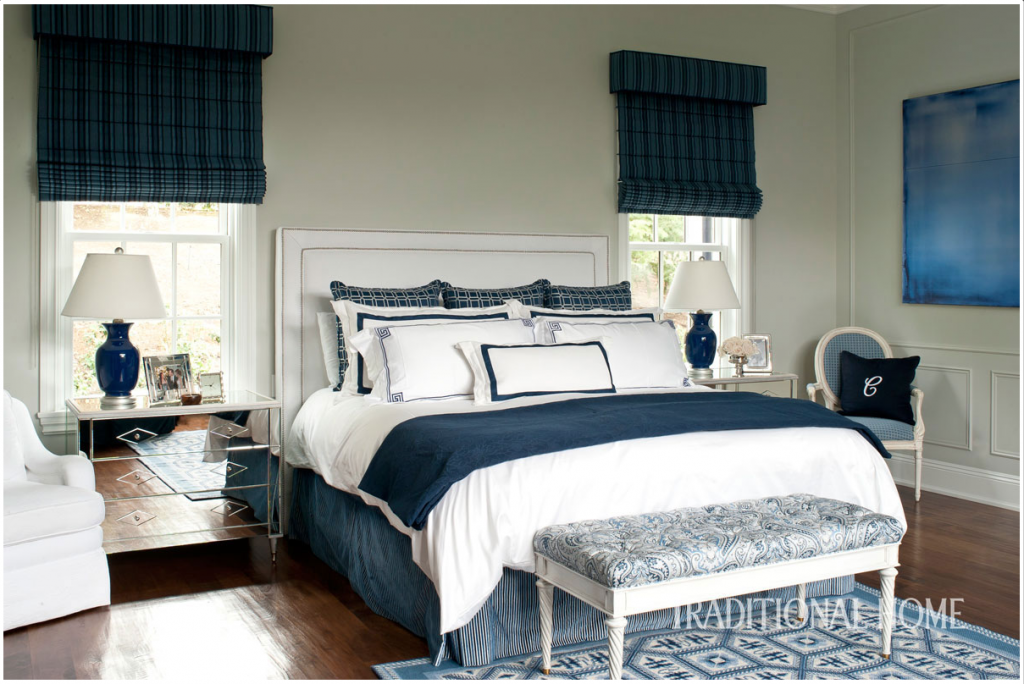 Catherine Miller and Valley Drapery and Upholstery featured in Traditional Home Bedroom with Roman Shades