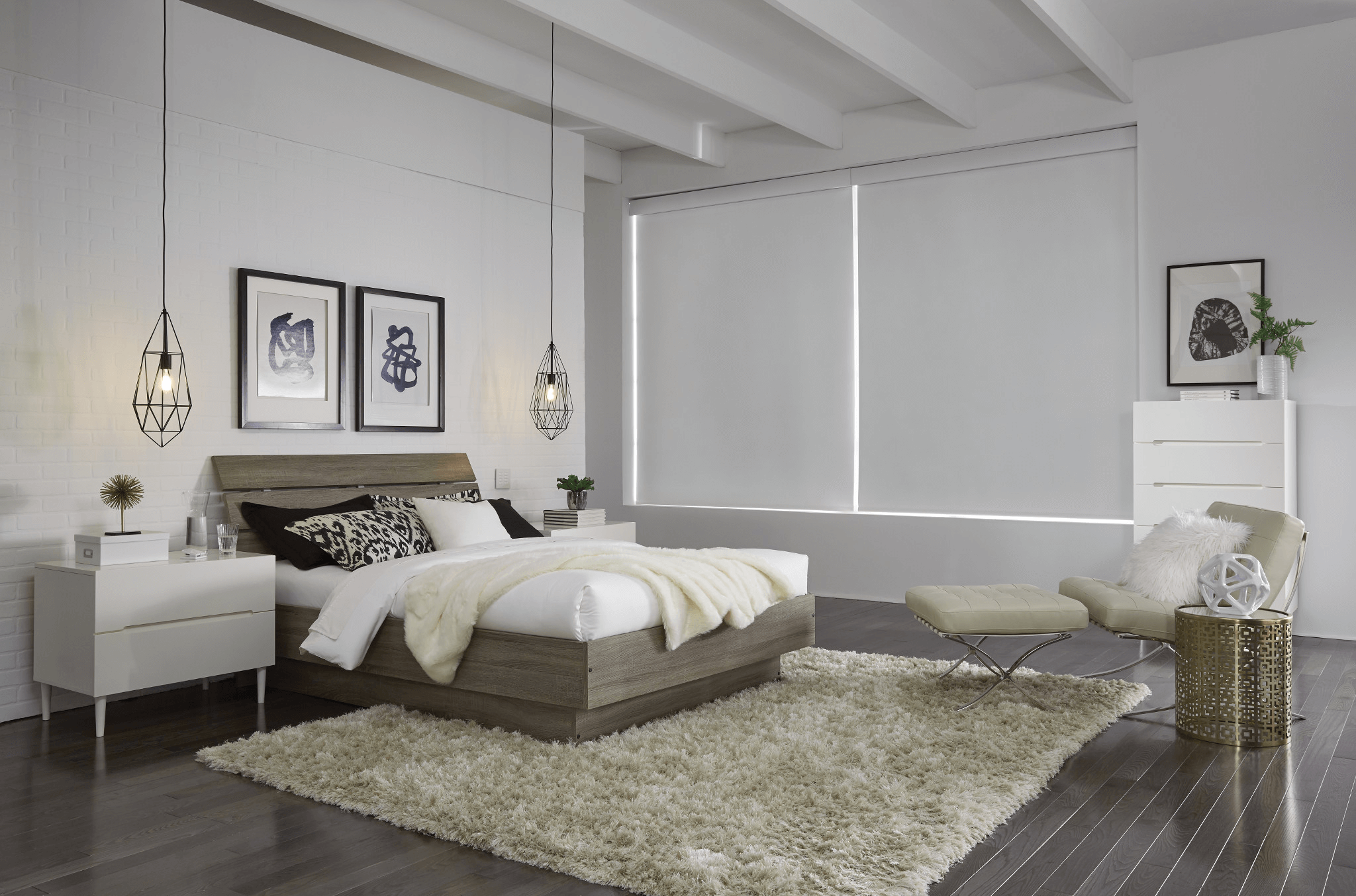 Somfy white roller shades with valance