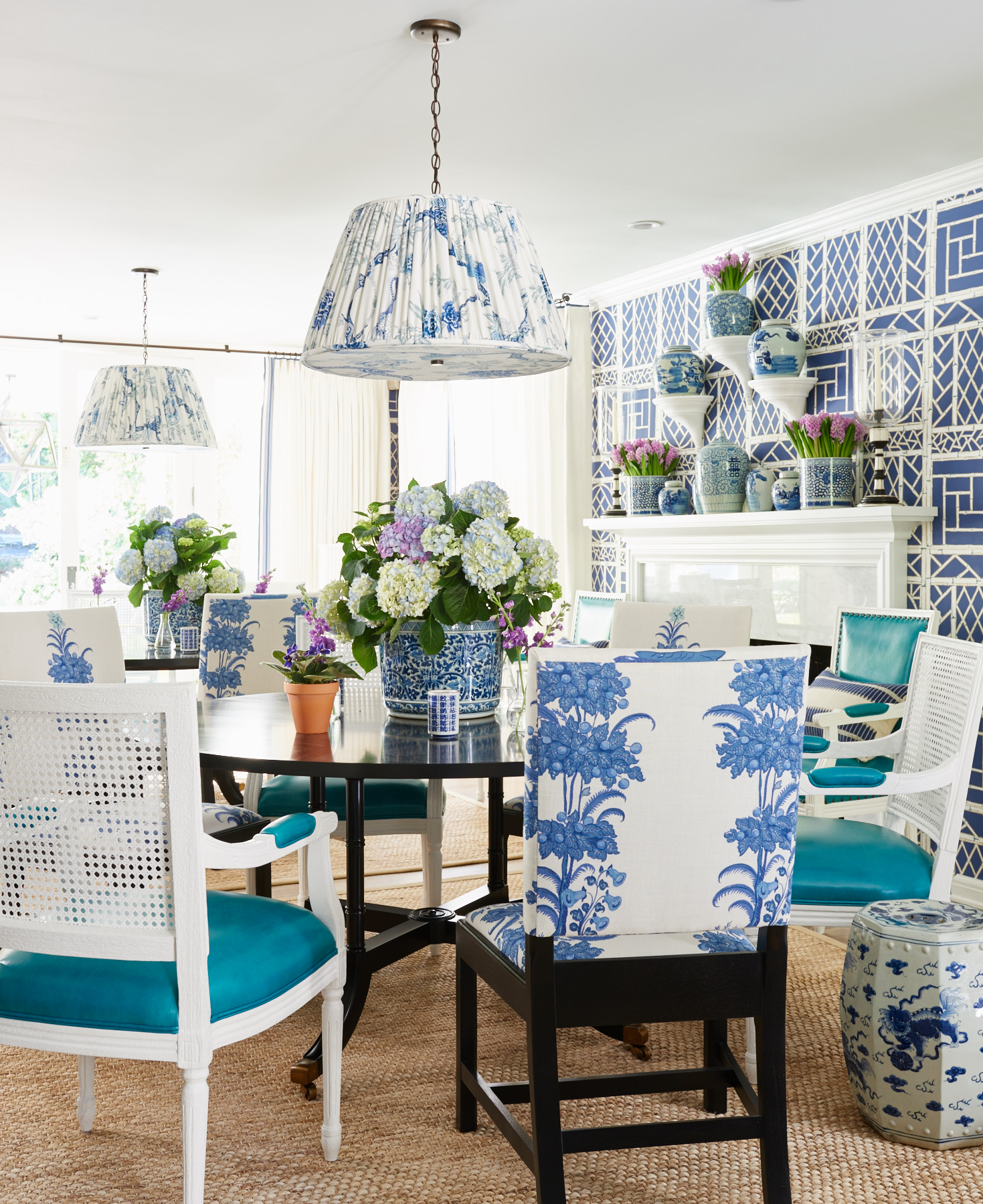 Floral blue upholstered dining chairs
