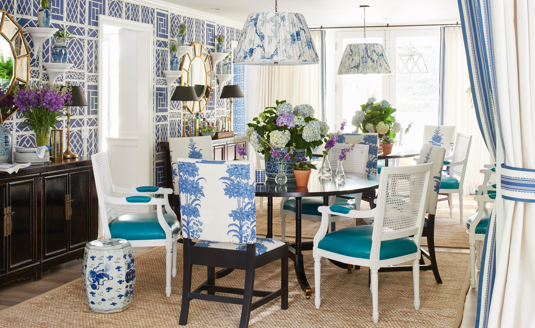 Floral blue upholstered dining chairs