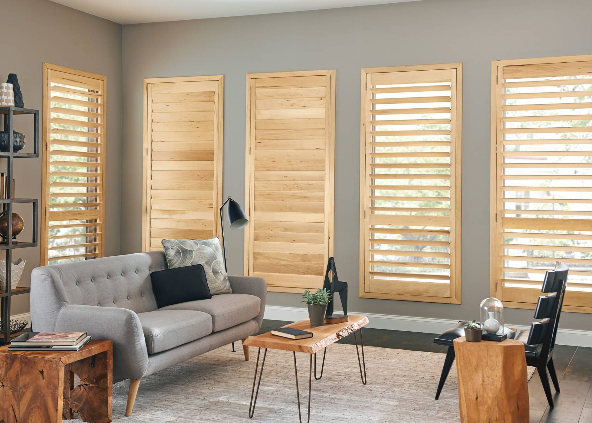 Natural wood living room shutters