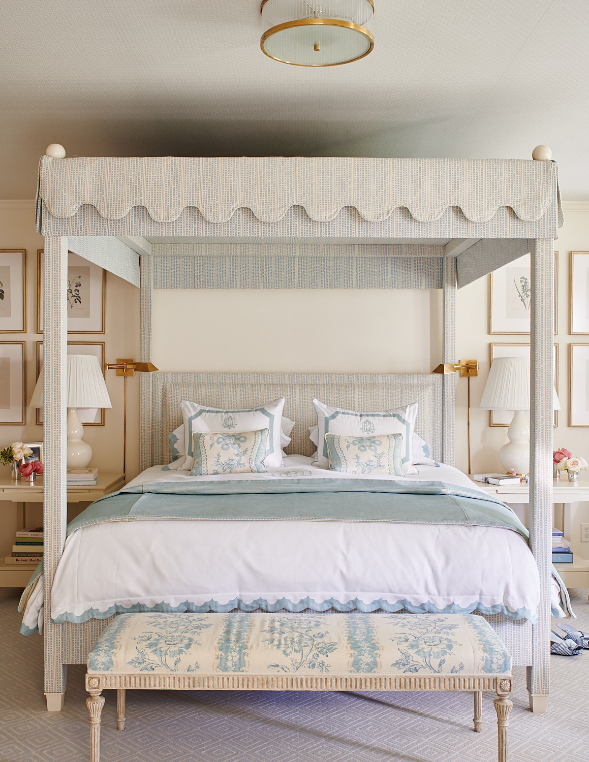Upholstered bed canopy, shams pillows, and headboard